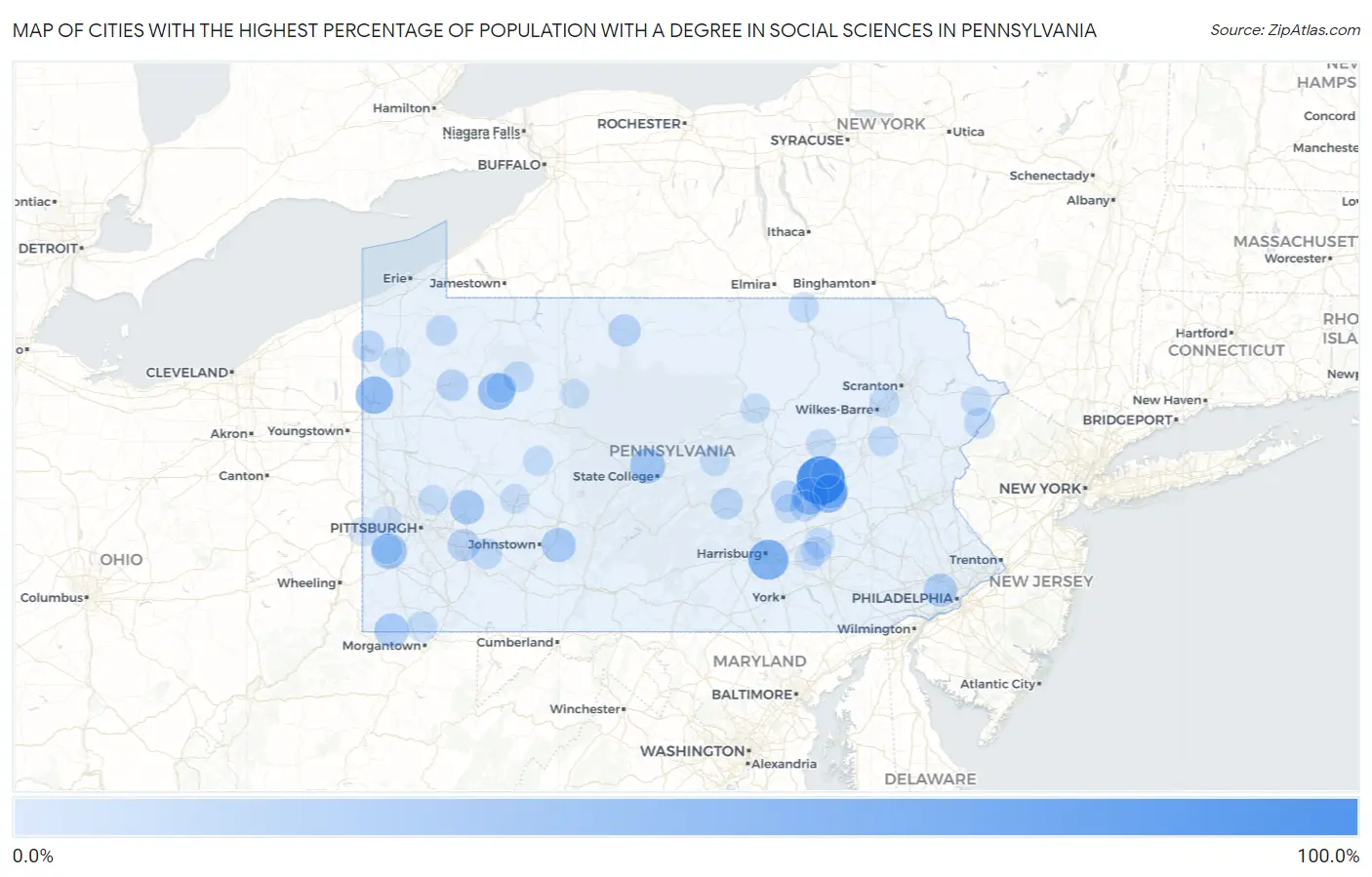 Cities with the Highest Percentage of Population with a Degree in Social Sciences in Pennsylvania Map