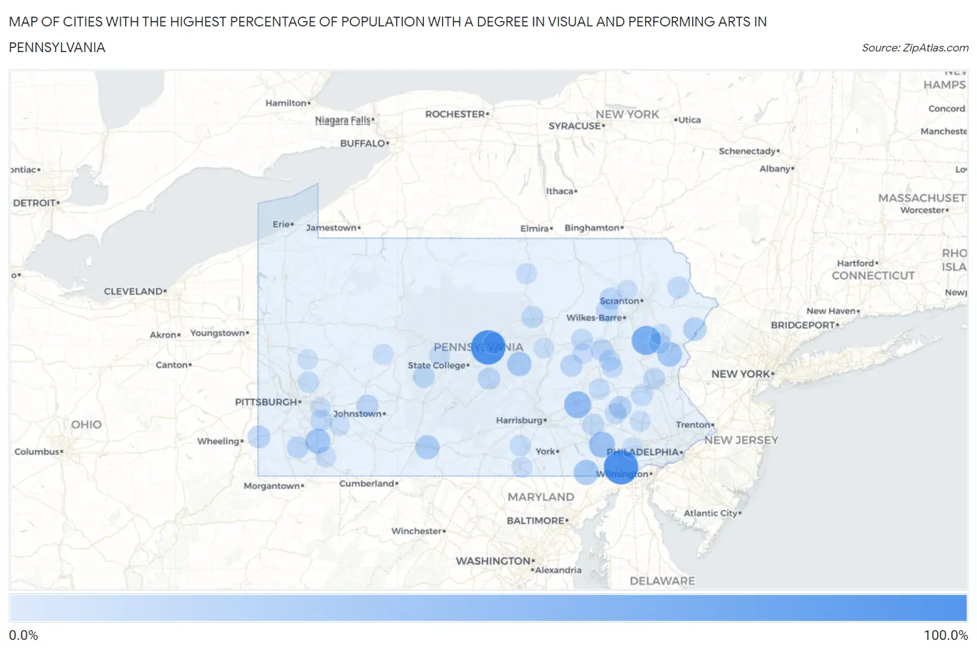 Cities with the Highest Percentage of Population with a Degree in Visual and Performing Arts in Pennsylvania Map