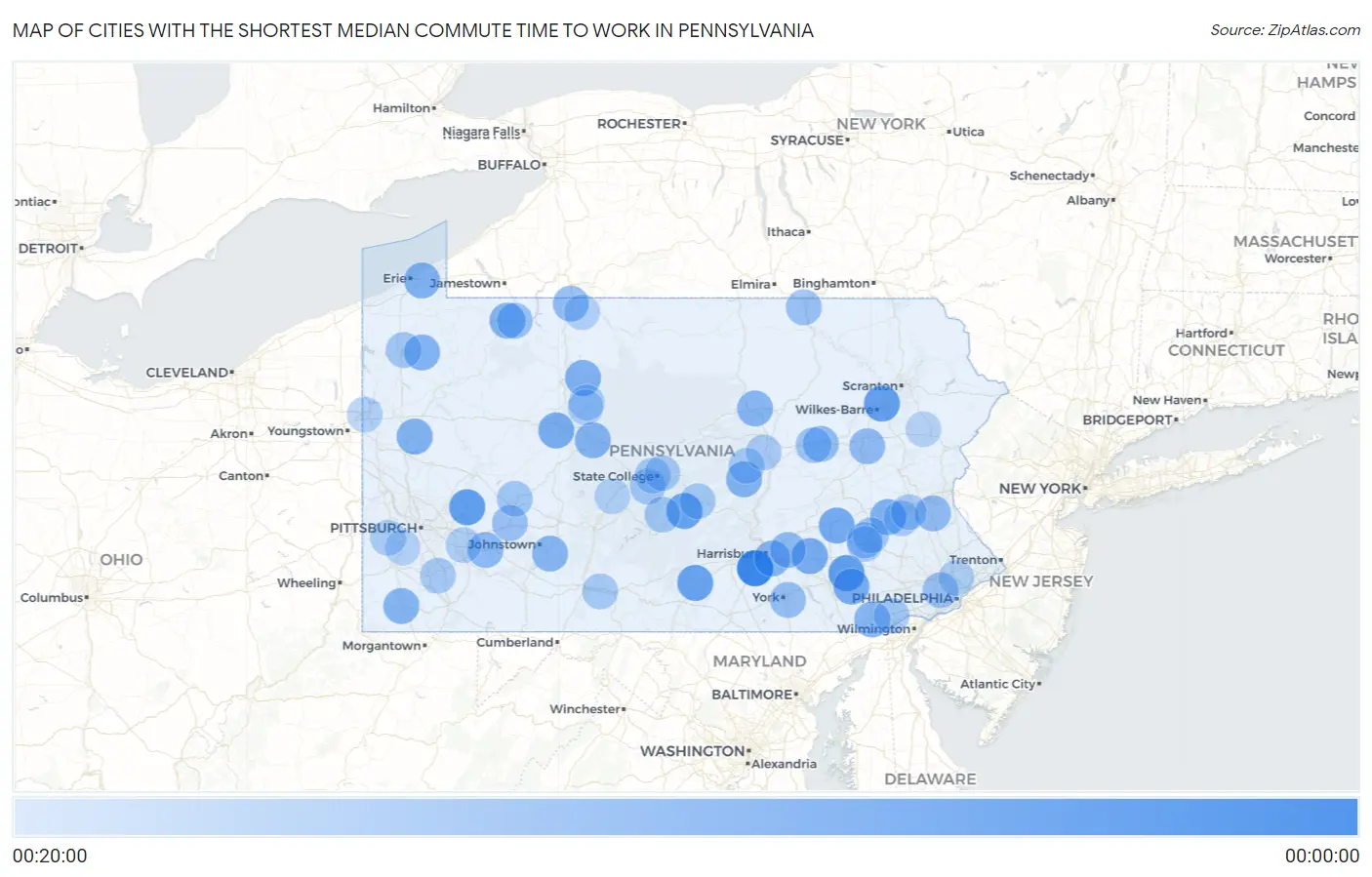 Cities with the Shortest Median Commute Time to Work in Pennsylvania Map
