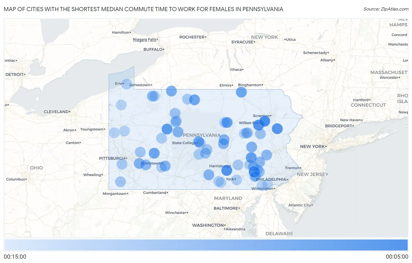 Cities with the Shortest Median Commute Time to Work for Females in Pennsylvania Map