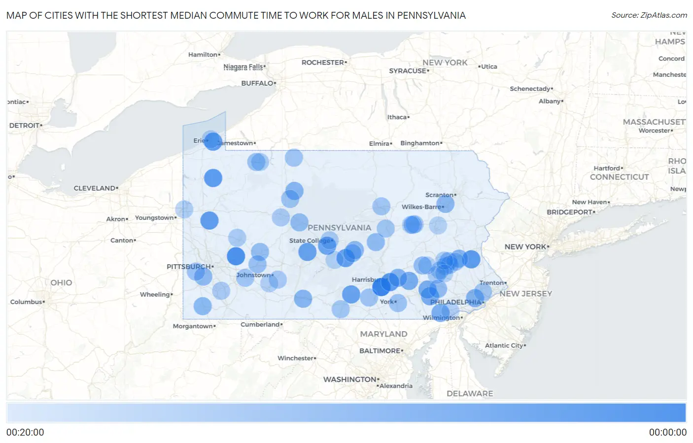 Cities with the Shortest Median Commute Time to Work for Males in Pennsylvania Map
