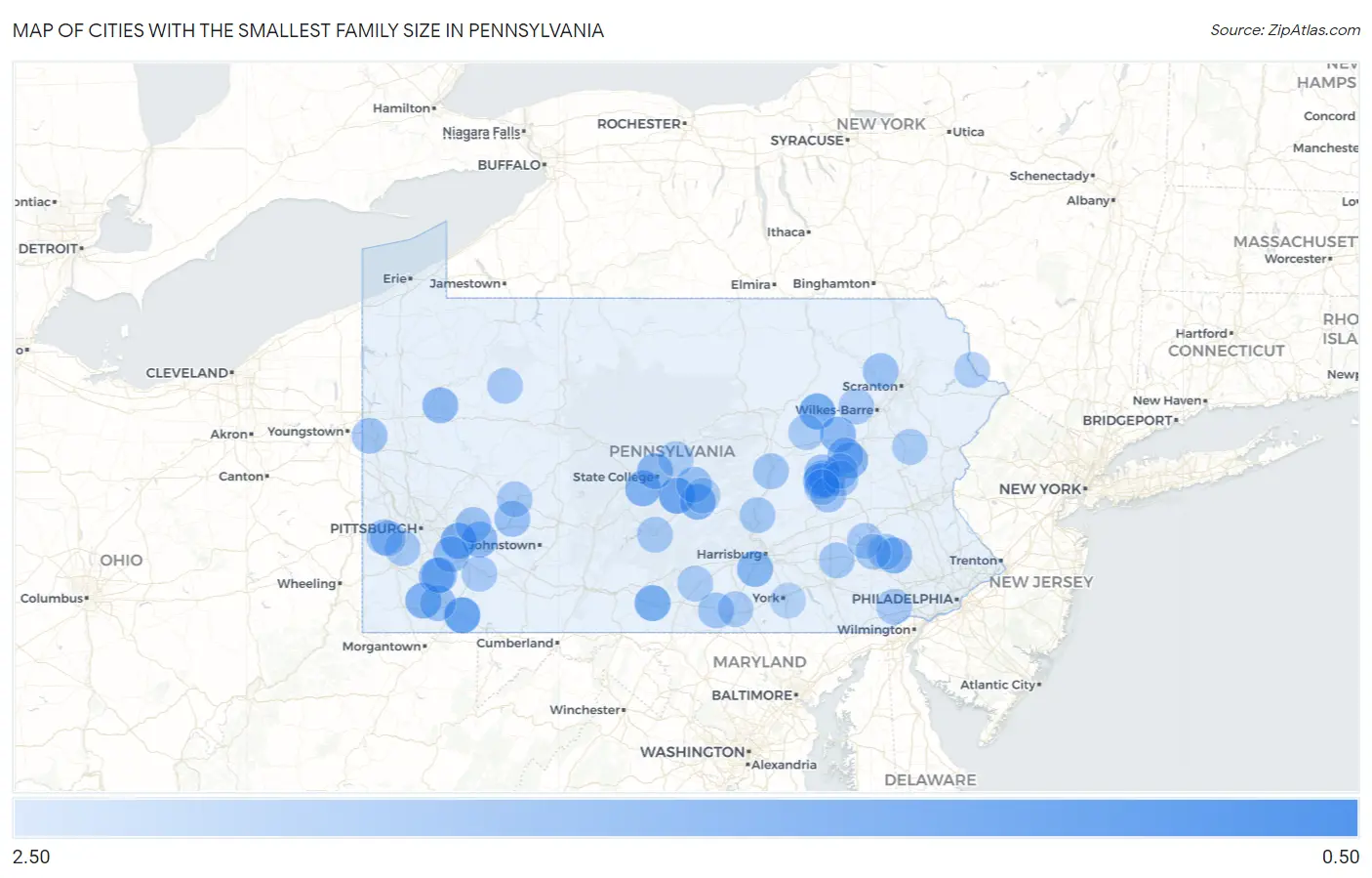 Cities with the Smallest Family Size in Pennsylvania Map