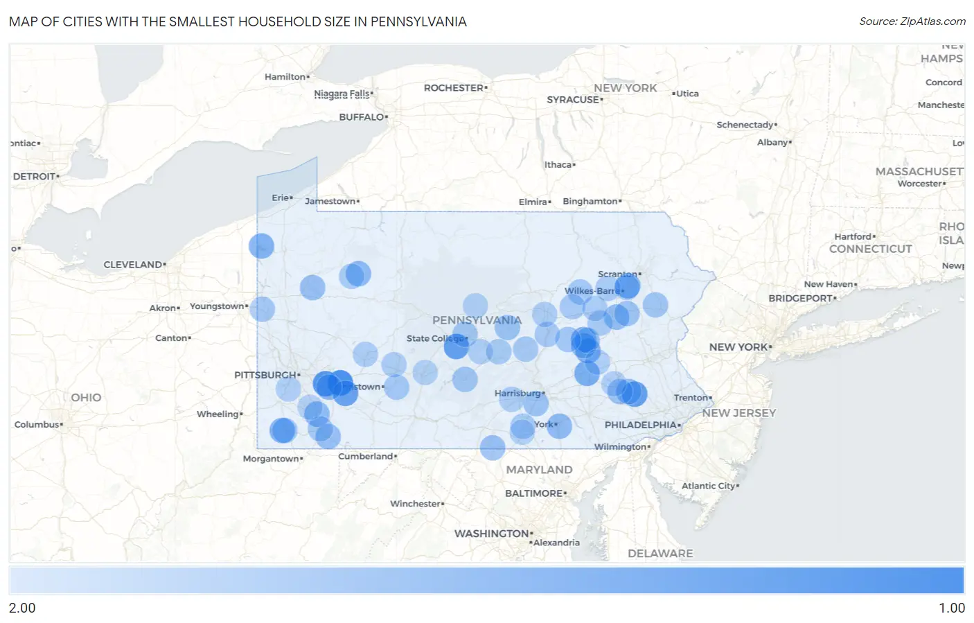 Cities with the Smallest Household Size in Pennsylvania Map