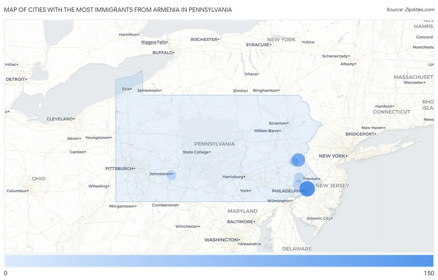 Cities with the Most Immigrants from Armenia in Pennsylvania Map