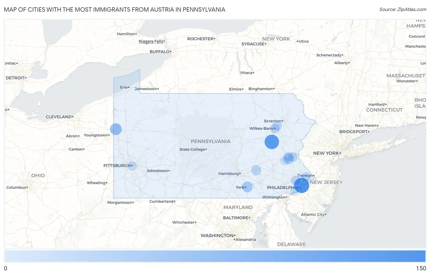Cities with the Most Immigrants from Austria in Pennsylvania Map