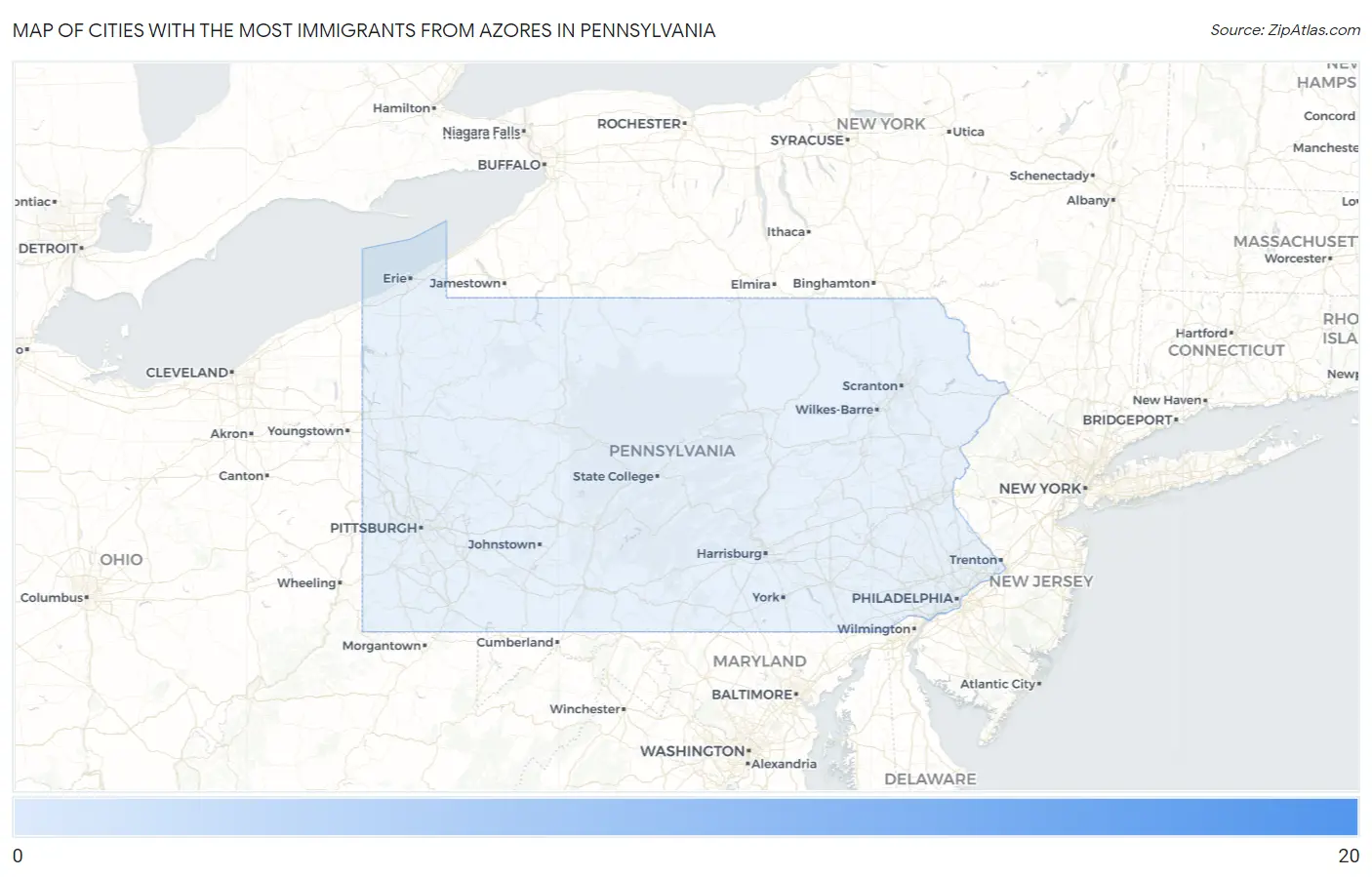 Cities with the Most Immigrants from Azores in Pennsylvania Map