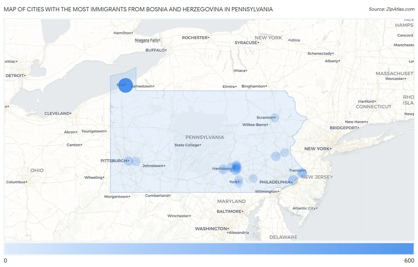 Cities with the Most Immigrants from Bosnia and Herzegovina in Pennsylvania Map