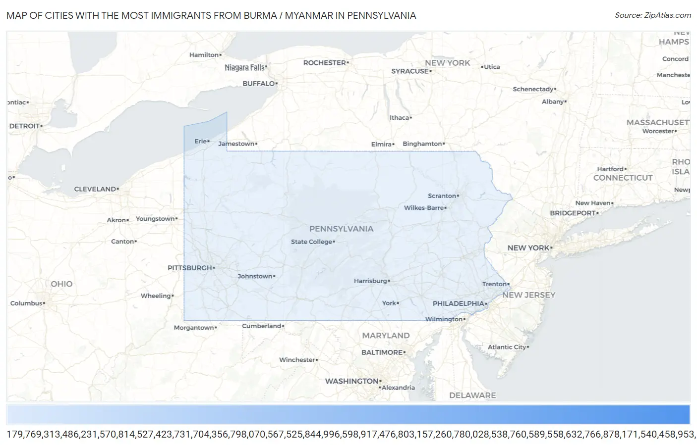 Cities with the Most Immigrants from Burma / Myanmar in Pennsylvania Map