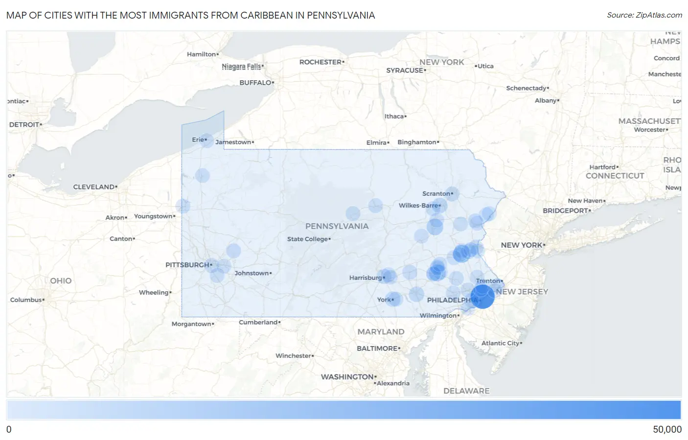 Cities with the Most Immigrants from Caribbean in Pennsylvania Map
