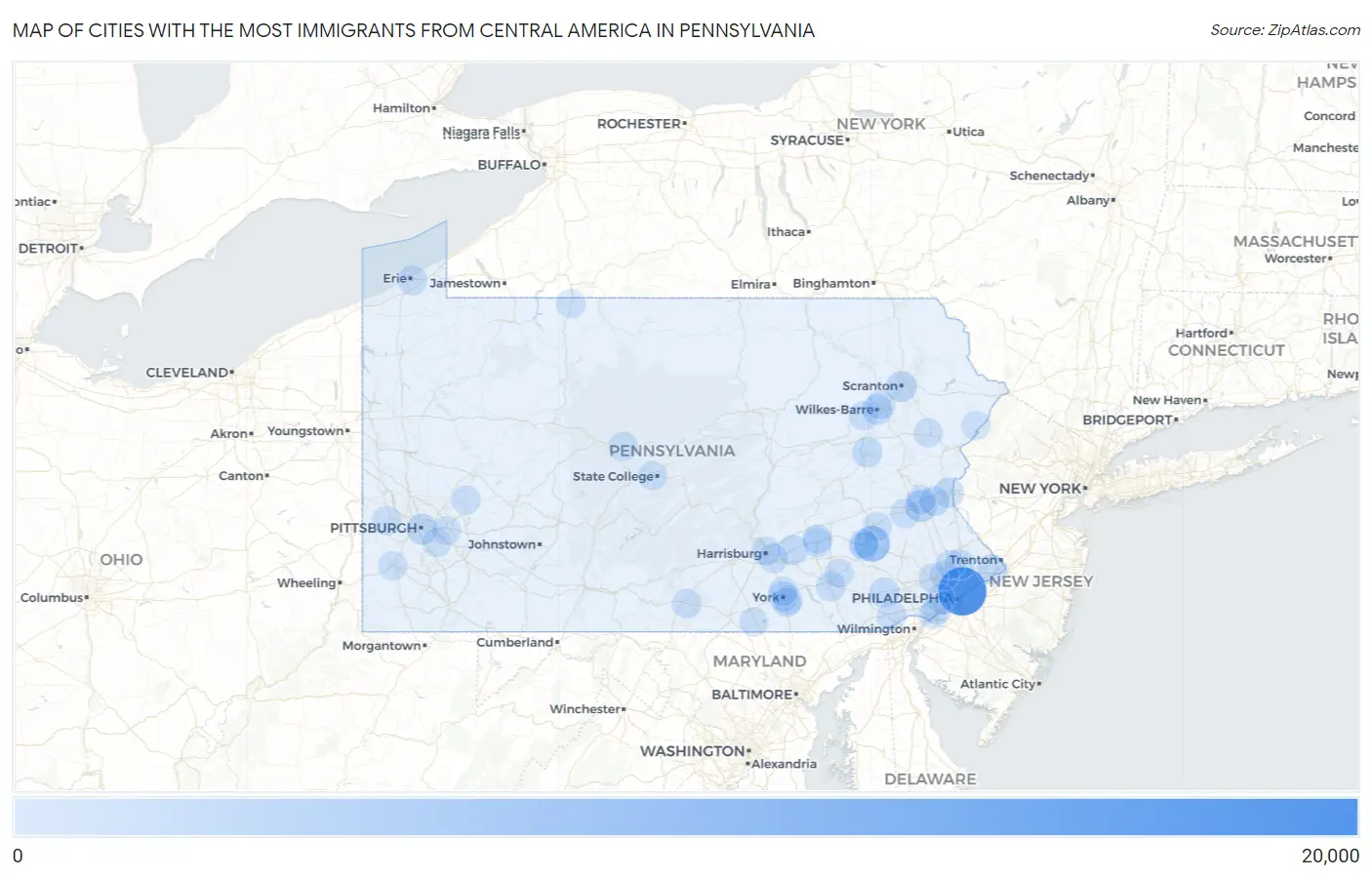 Cities with the Most Immigrants from Central America in Pennsylvania Map