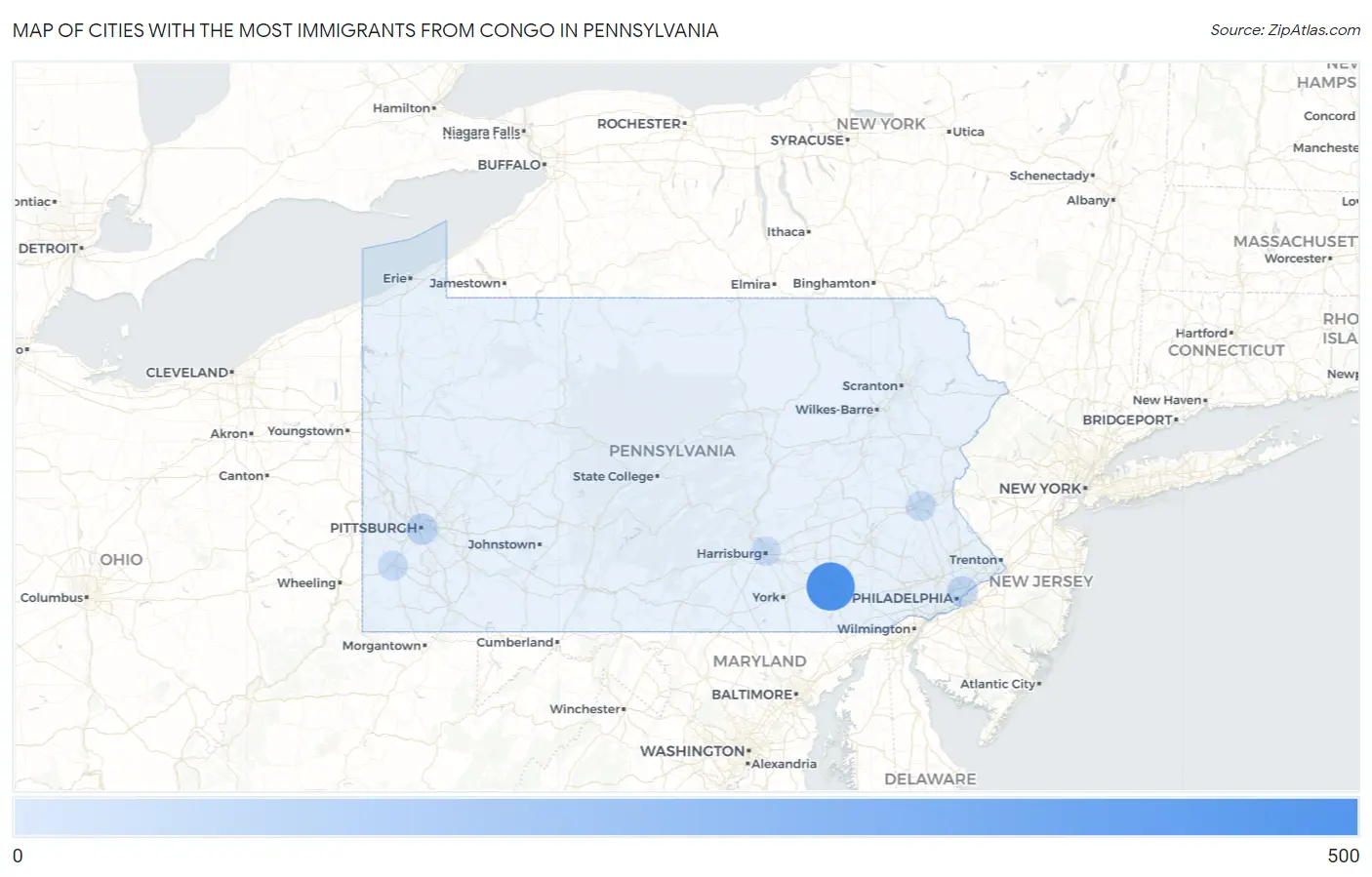 Cities with the Most Immigrants from Congo in Pennsylvania Map