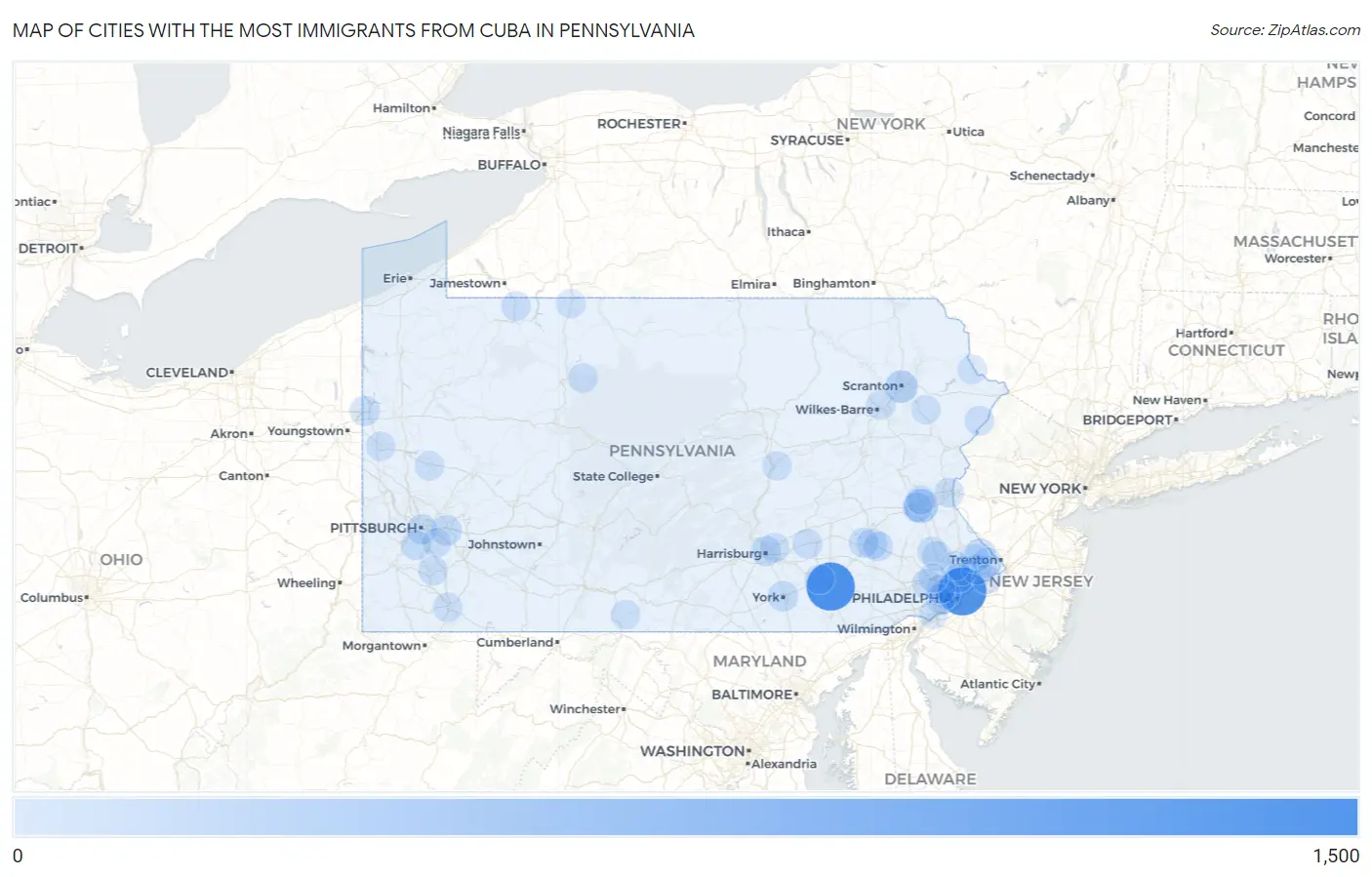 Cities with the Most Immigrants from Cuba in Pennsylvania Map