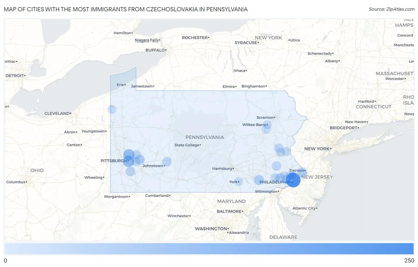 Cities with the Most Immigrants from Czechoslovakia in Pennsylvania Map