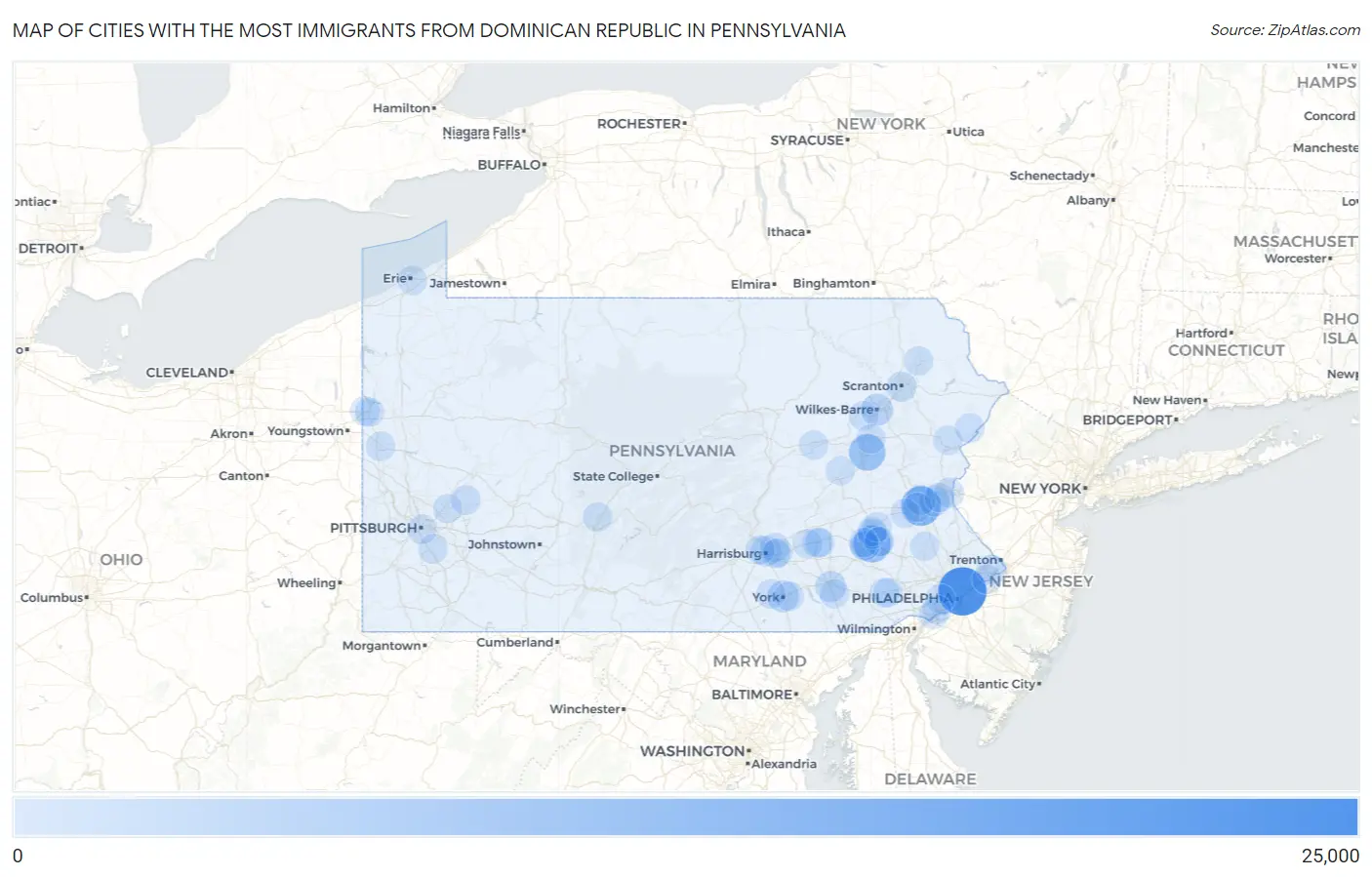 Cities with the Most Immigrants from Dominican Republic in Pennsylvania Map