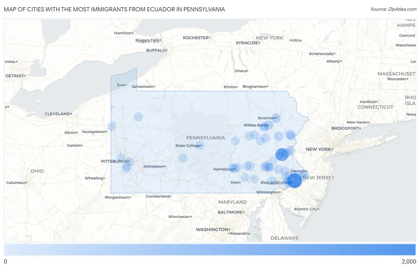 Cities with the Most Immigrants from Ecuador in Pennsylvania Map