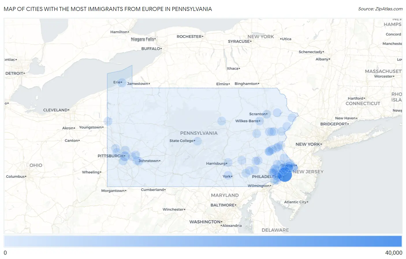 Cities with the Most Immigrants from Europe in Pennsylvania Map