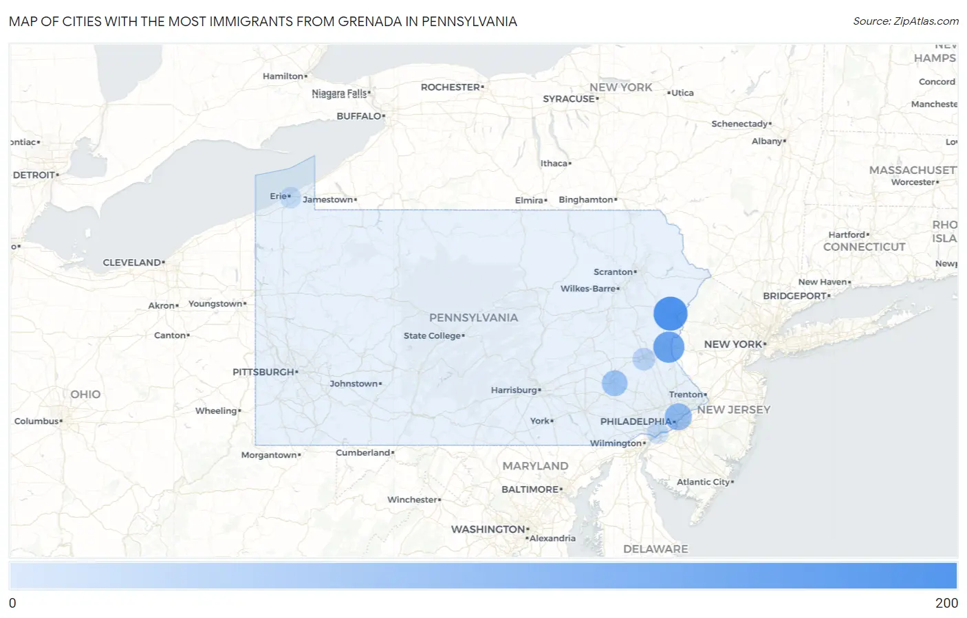 Cities with the Most Immigrants from Grenada in Pennsylvania Map