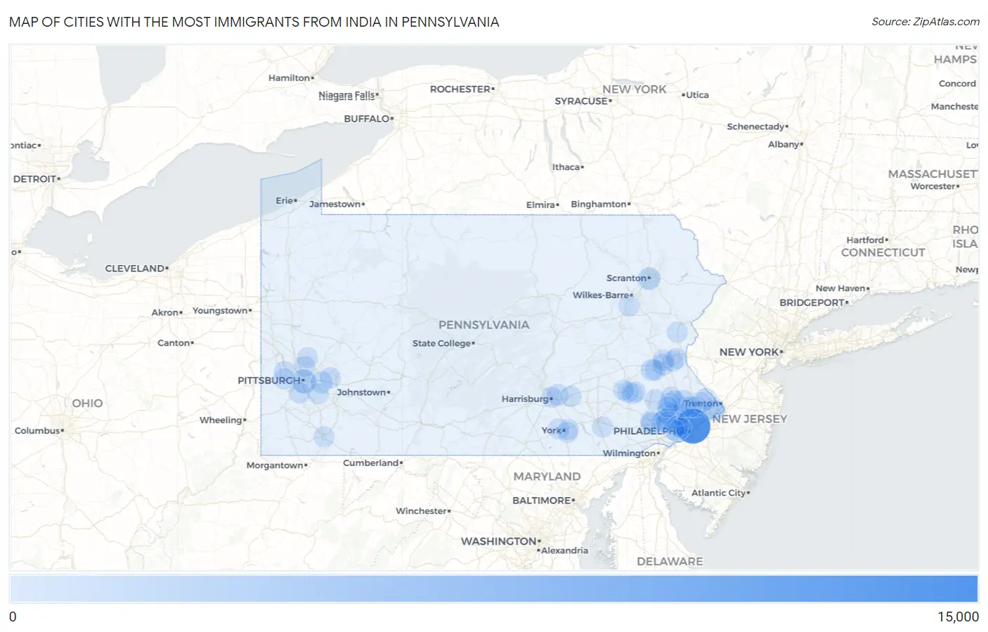 Cities with the Most Immigrants from India in Pennsylvania Map