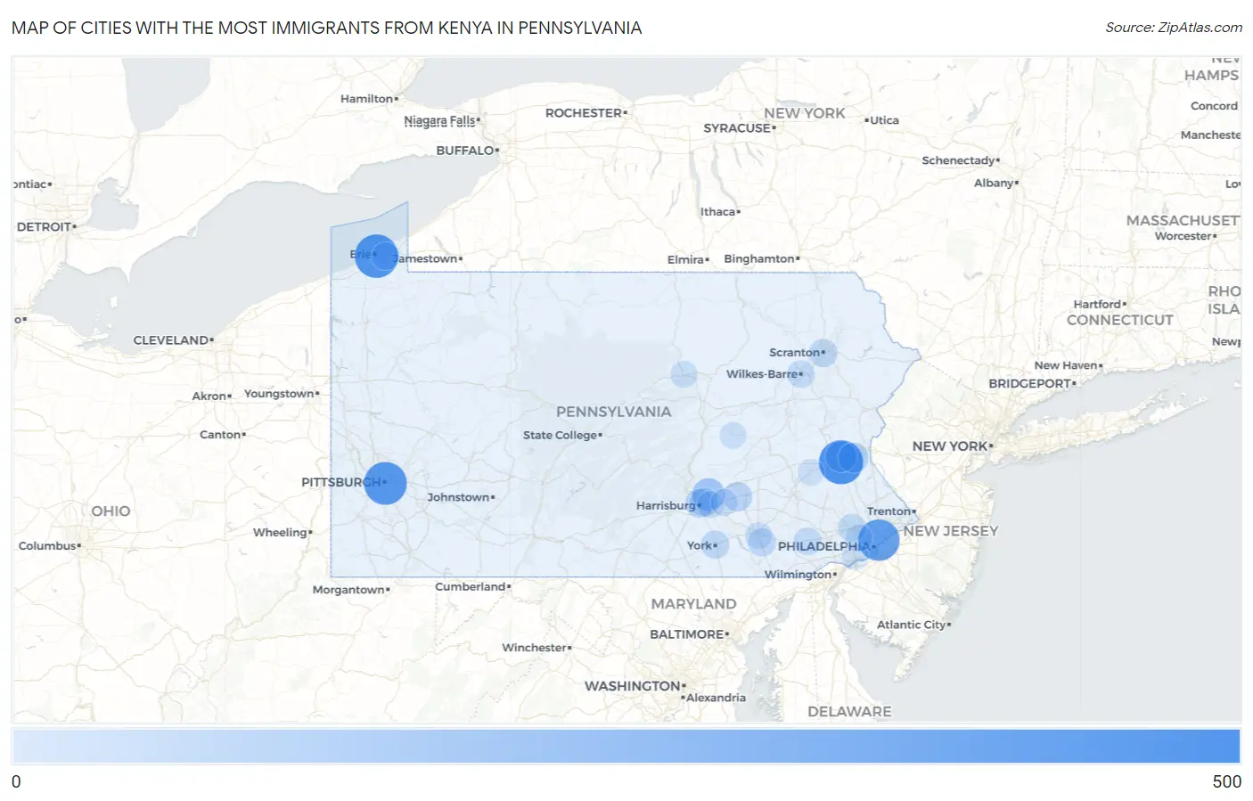 Cities with the Most Immigrants from Kenya in Pennsylvania Map