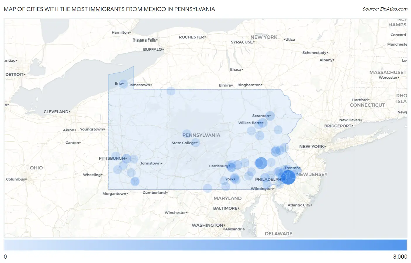 Cities with the Most Immigrants from Mexico in Pennsylvania Map