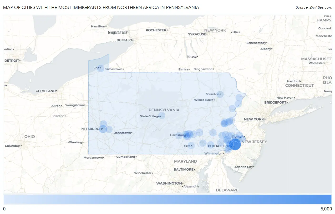Cities with the Most Immigrants from Northern Africa in Pennsylvania Map