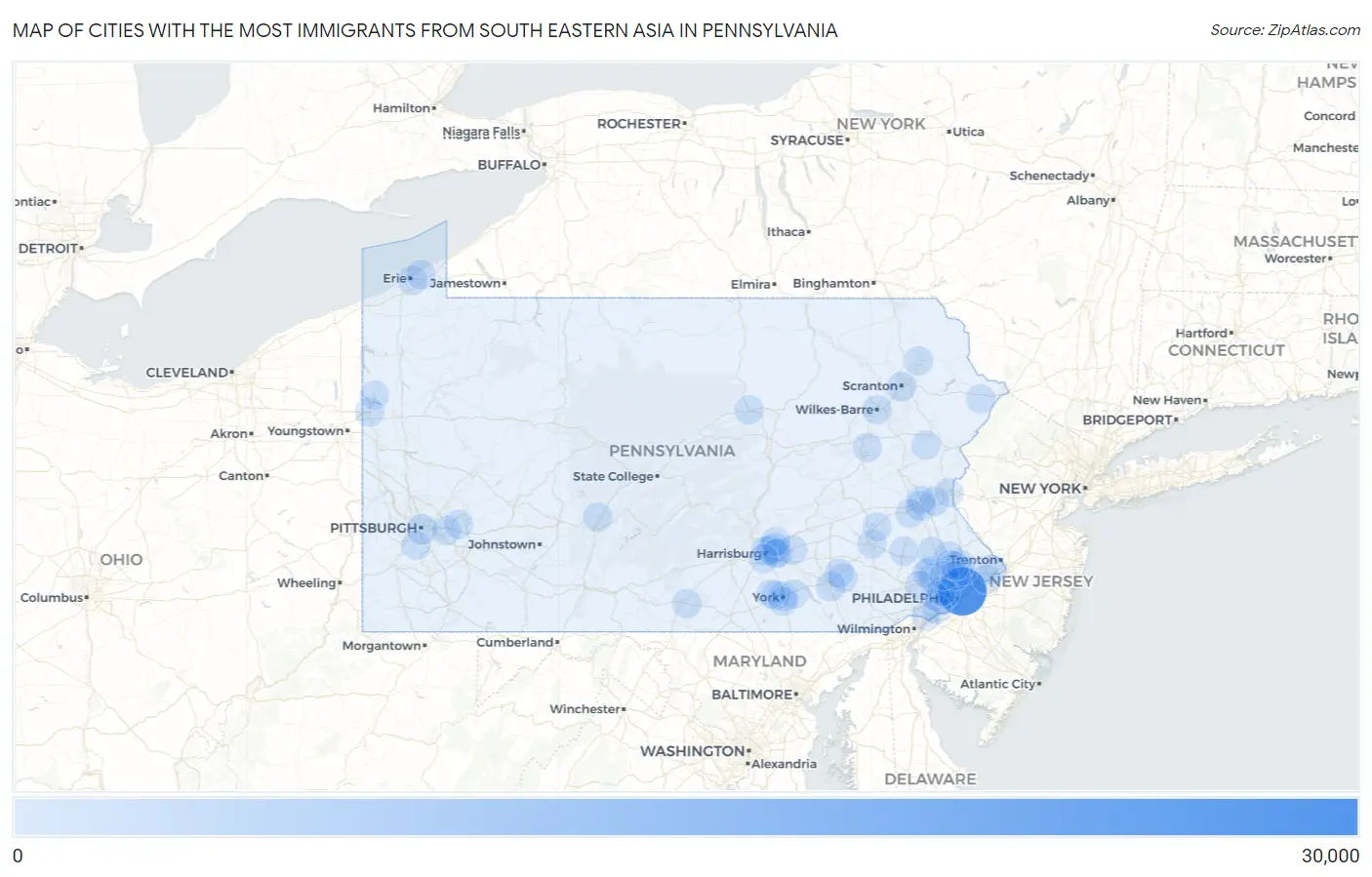 Cities with the Most Immigrants from South Eastern Asia in Pennsylvania Map
