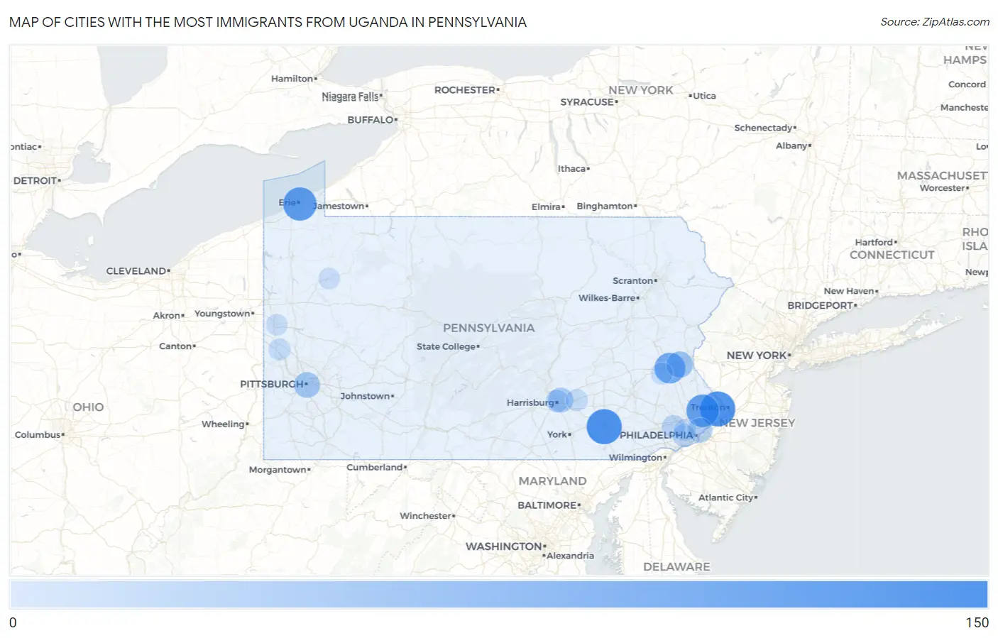 Cities with the Most Immigrants from Uganda in Pennsylvania Map