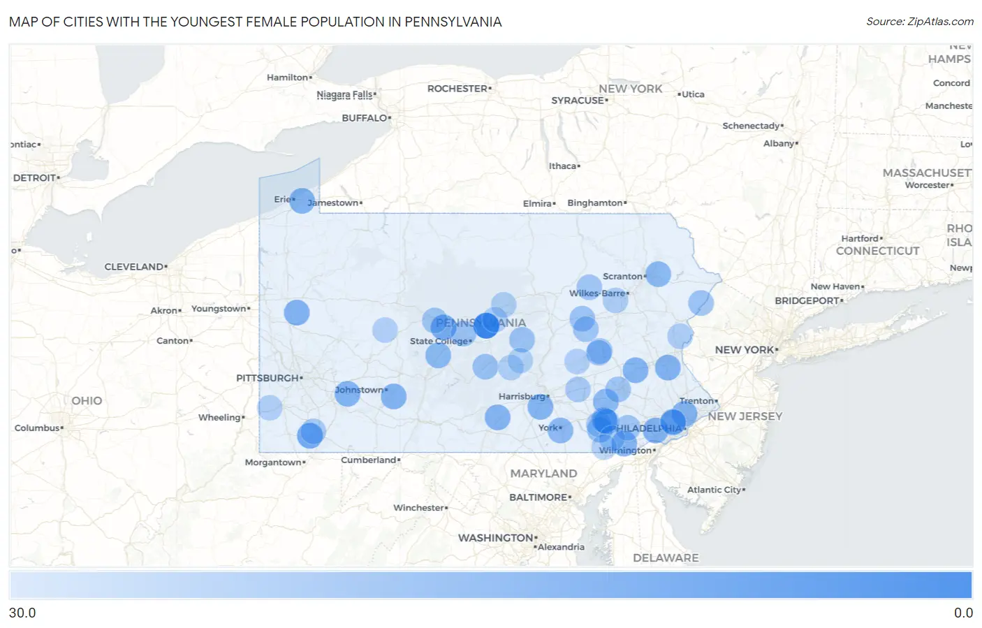 Cities with the Youngest Female Population in Pennsylvania Map