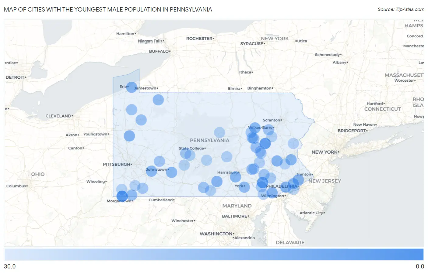 Cities with the Youngest Male Population in Pennsylvania Map