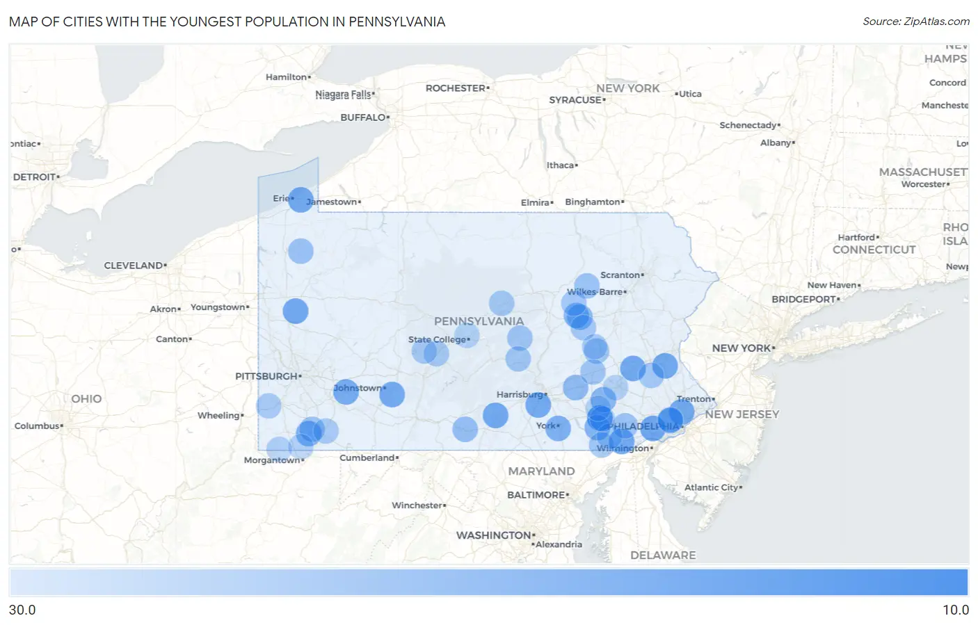 Cities with the Youngest Population in Pennsylvania Map