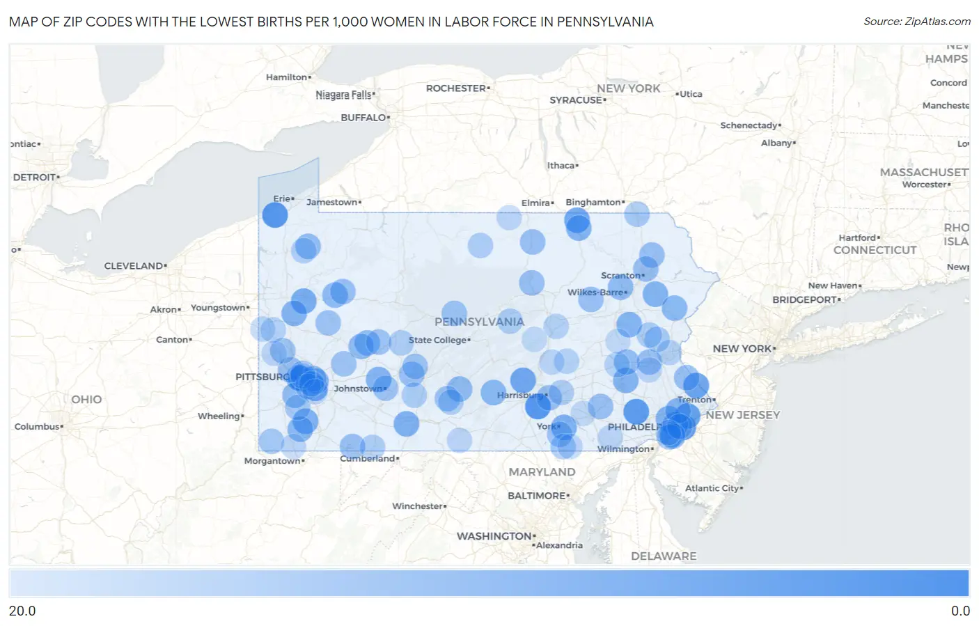 Zip Codes with the Lowest Births per 1,000 Women in Labor Force in Pennsylvania Map