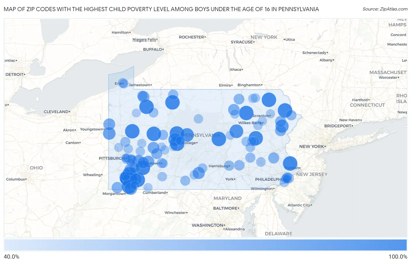 Zip Codes with the Highest Child Poverty Level Among Boys Under the Age of 16 in Pennsylvania Map