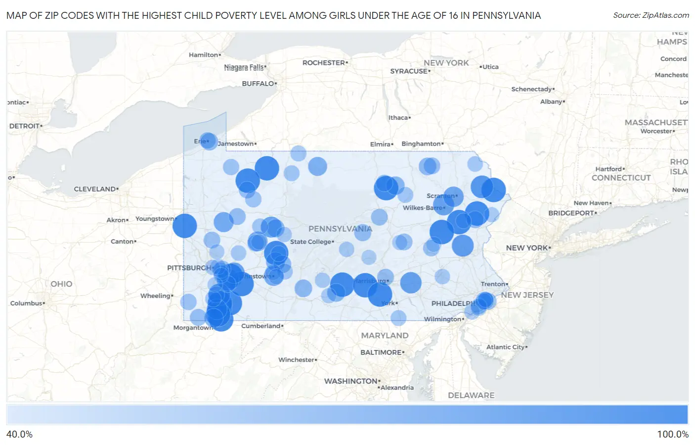 Zip Codes with the Highest Child Poverty Level Among Girls Under the Age of 16 in Pennsylvania Map