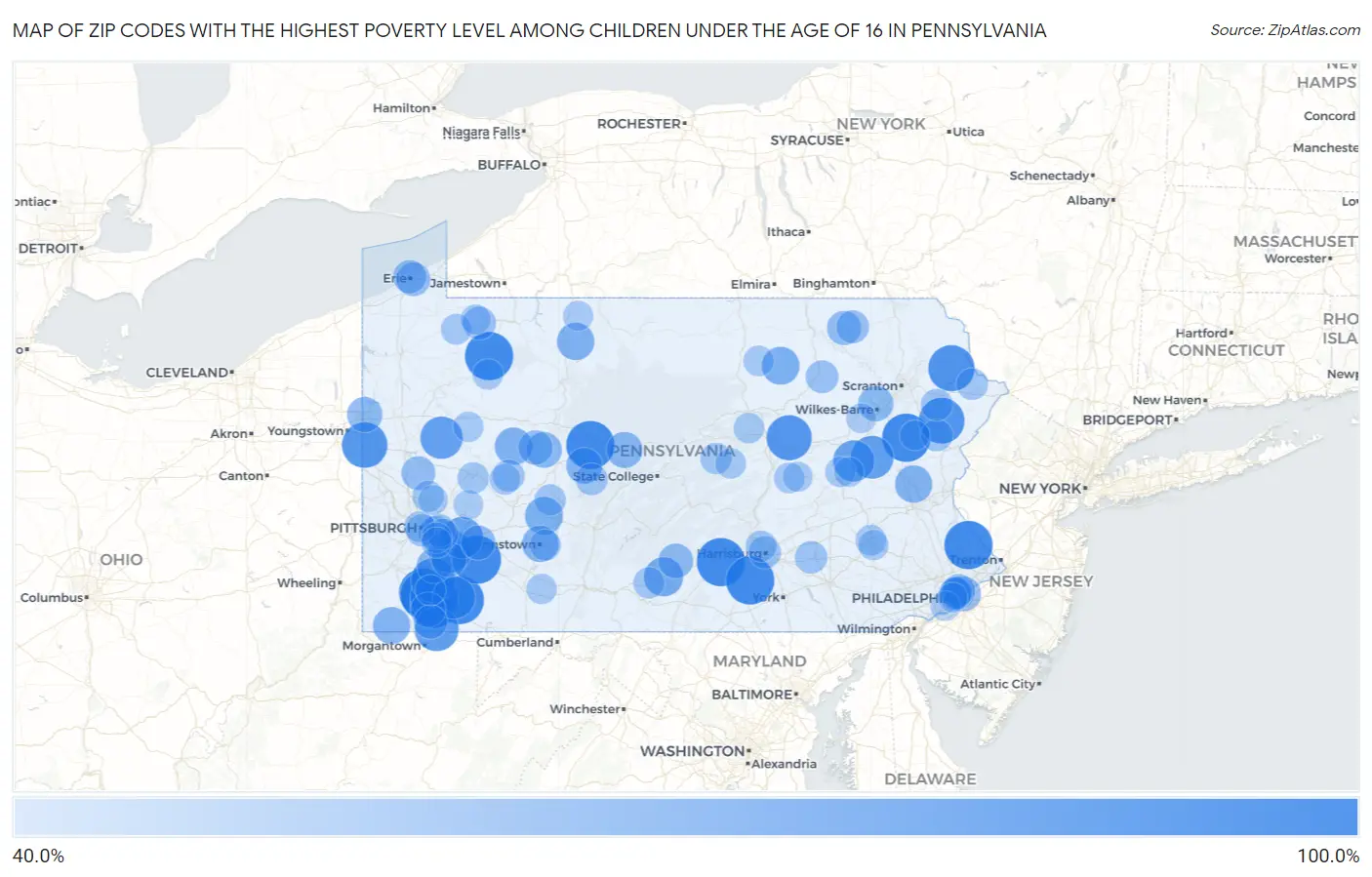 Zip Codes with the Highest Poverty Level Among Children Under the Age of 16 in Pennsylvania Map