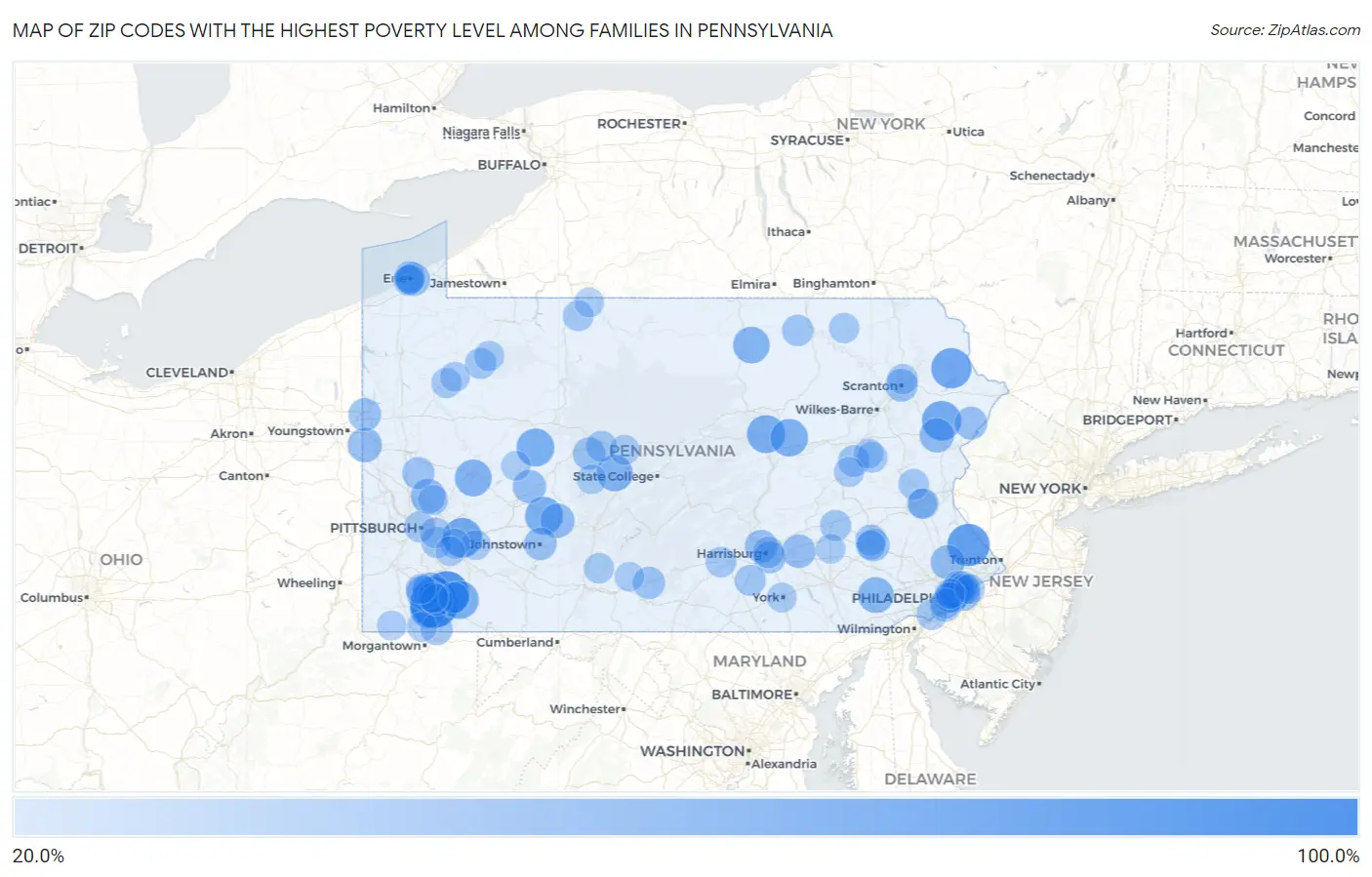 Zip Codes with the Highest Poverty Level Among Families in Pennsylvania Map