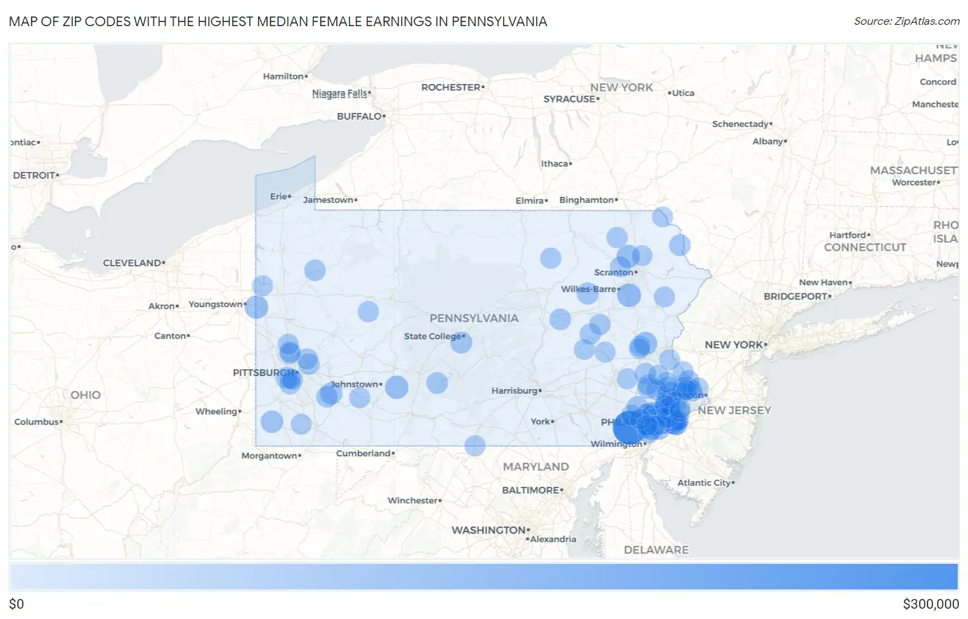 Zip Codes with the Highest Median Female Earnings in Pennsylvania Map