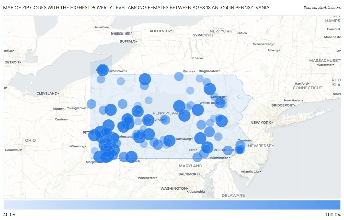 Zip Codes with the Highest Poverty Level Among Females Between Ages 18 and 24 in Pennsylvania Map