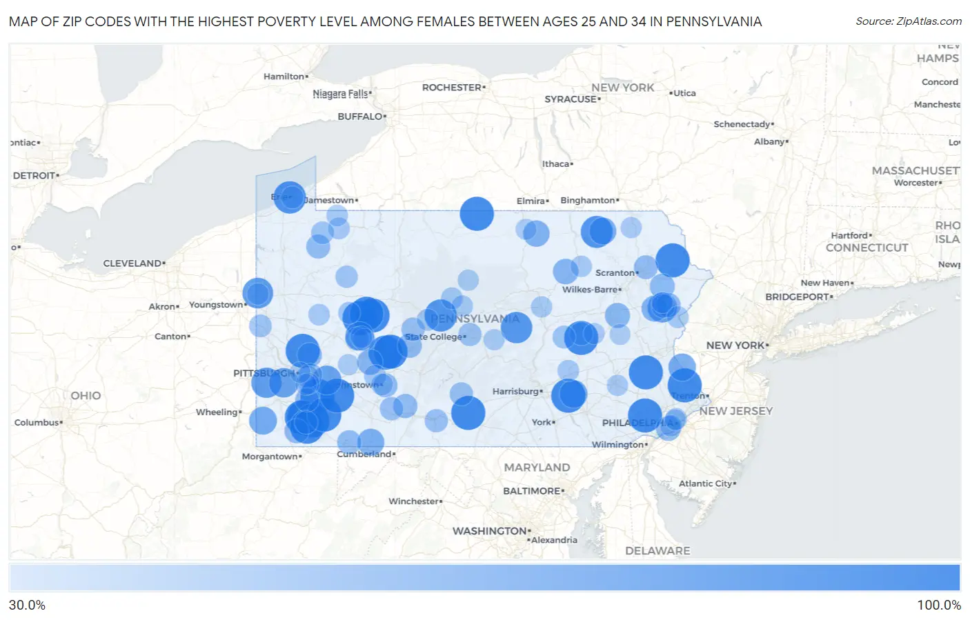 Zip Codes with the Highest Poverty Level Among Females Between Ages 25 and 34 in Pennsylvania Map