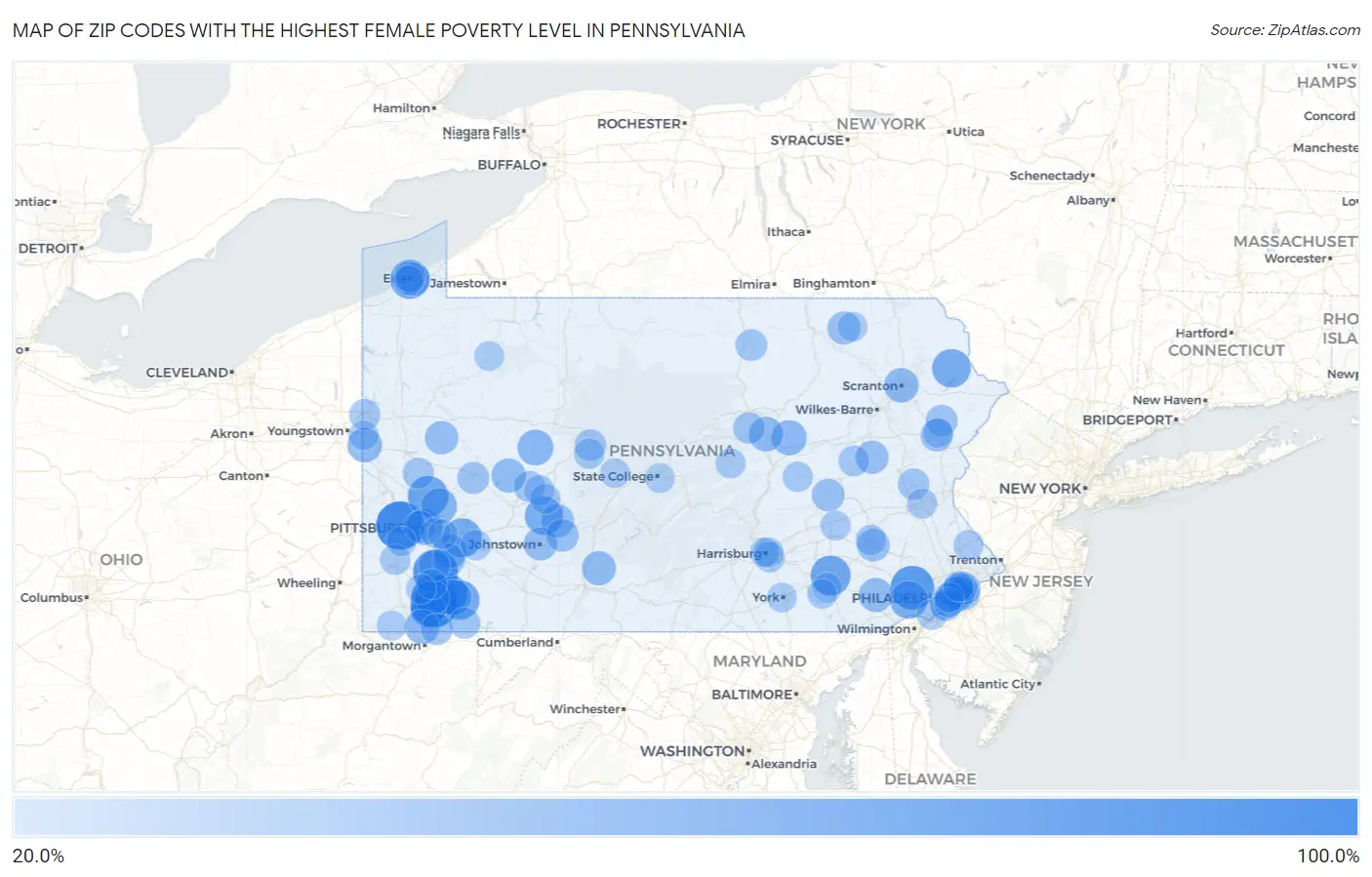 Zip Codes with the Highest Female Poverty Level in Pennsylvania Map