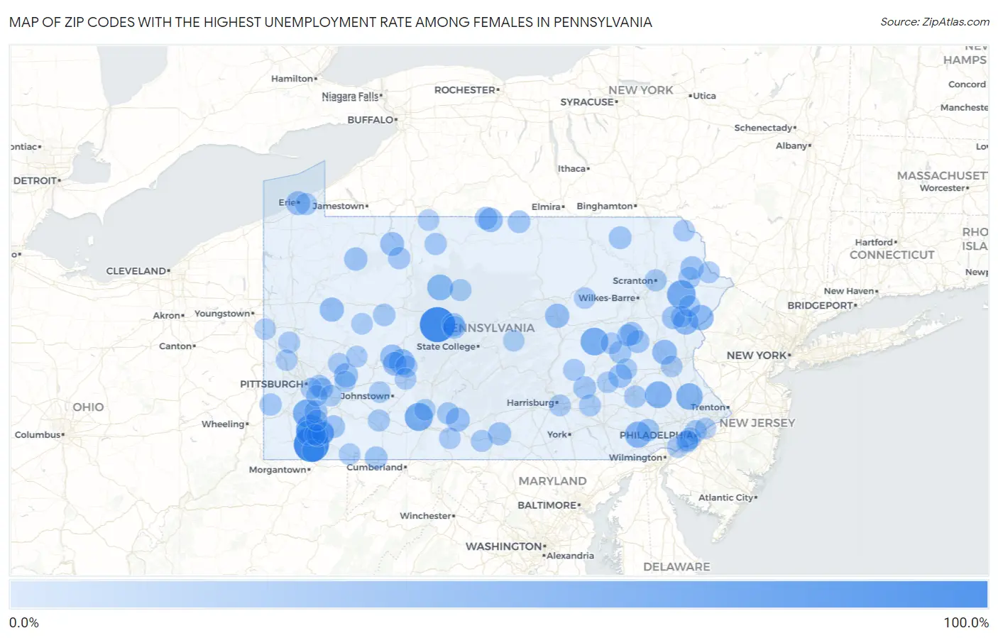 Zip Codes with the Highest Unemployment Rate Among Females in Pennsylvania Map