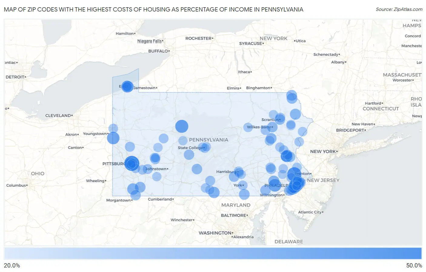 Zip Codes with the Highest Costs of Housing as Percentage of Income in Pennsylvania Map