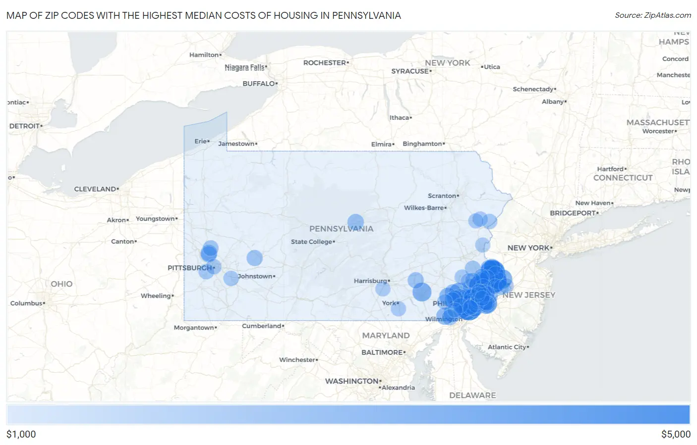 Zip Codes with the Highest Median Costs of Housing in Pennsylvania Map