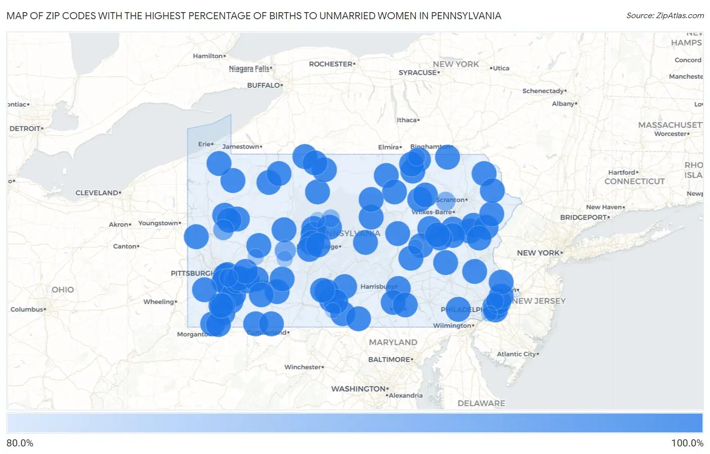 Zip Codes with the Highest Percentage of Births to Unmarried Women in Pennsylvania Map