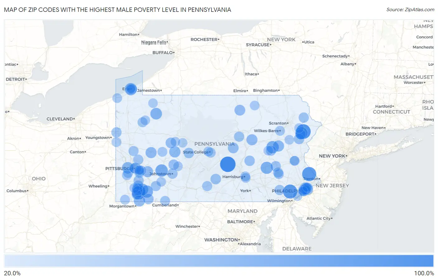 Zip Codes with the Highest Male Poverty Level in Pennsylvania Map
