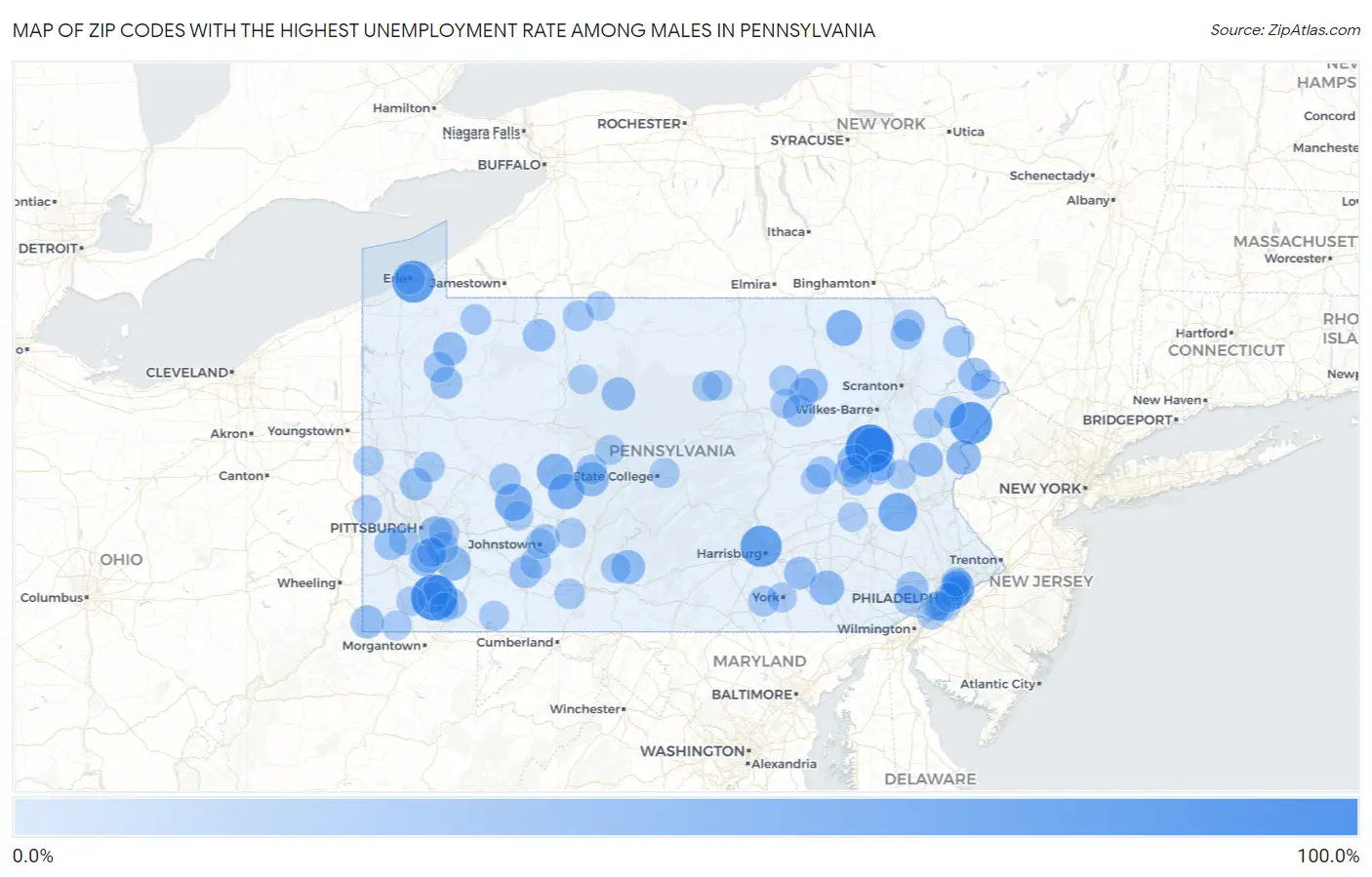 Zip Codes with the Highest Unemployment Rate Among Males in Pennsylvania Map