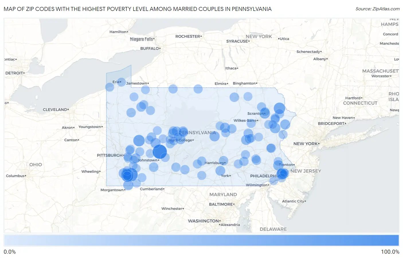 Zip Codes with the Highest Poverty Level Among Married Couples in Pennsylvania Map