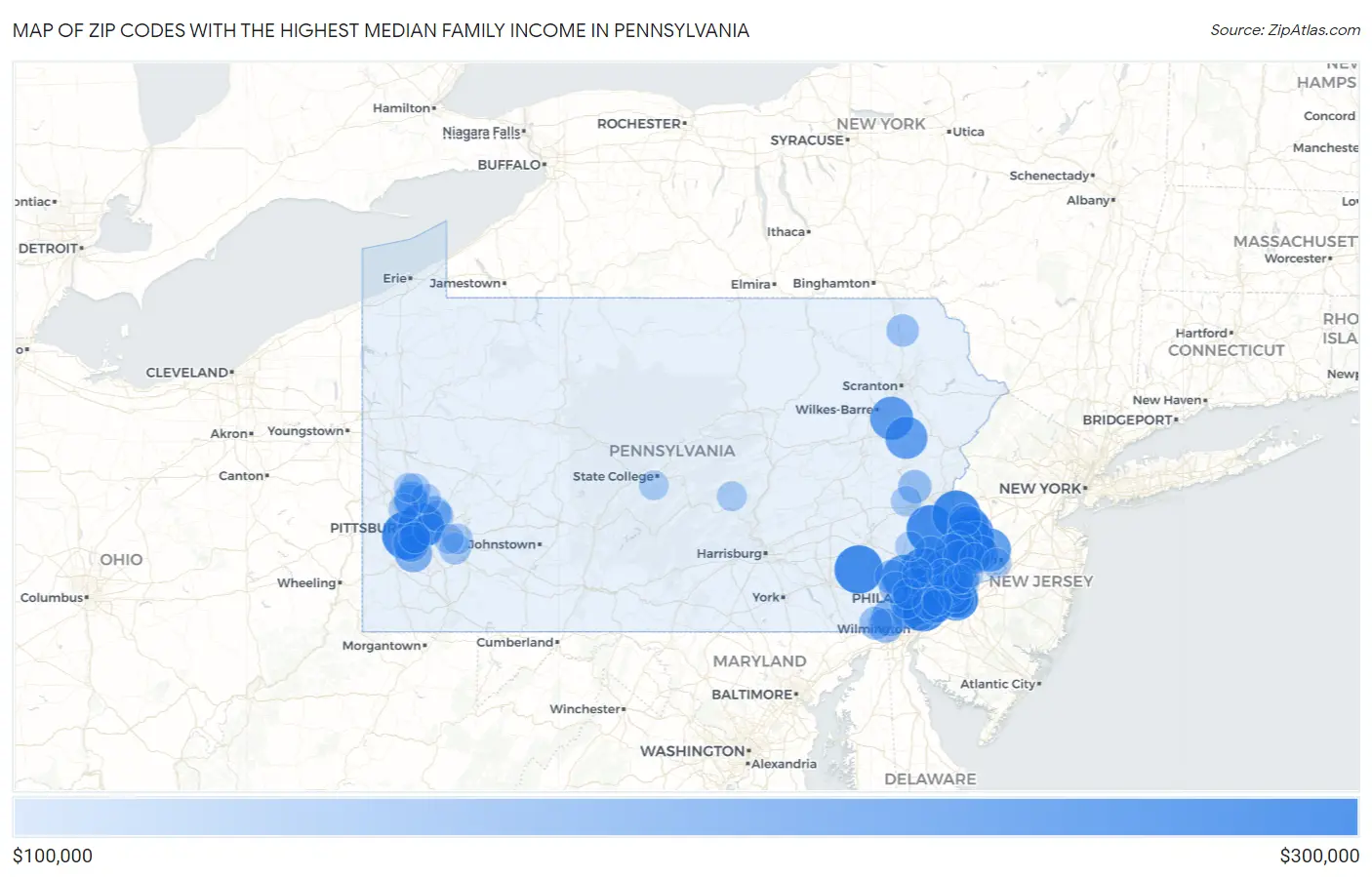 Zip Codes with the Highest Median Family Income in Pennsylvania Map