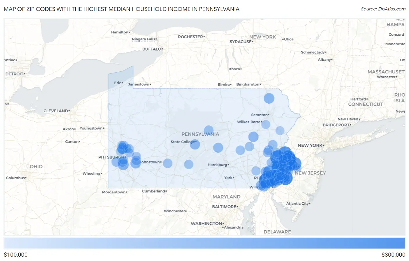 Zip Codes with the Highest Median Household Income in Pennsylvania Map