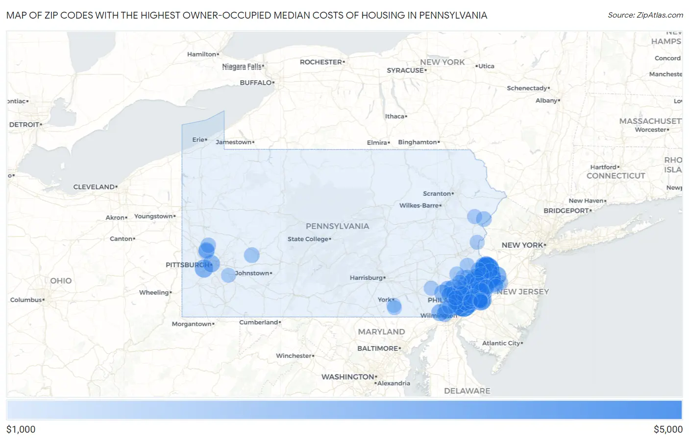 Zip Codes with the Highest Owner-Occupied Median Costs of Housing in Pennsylvania Map