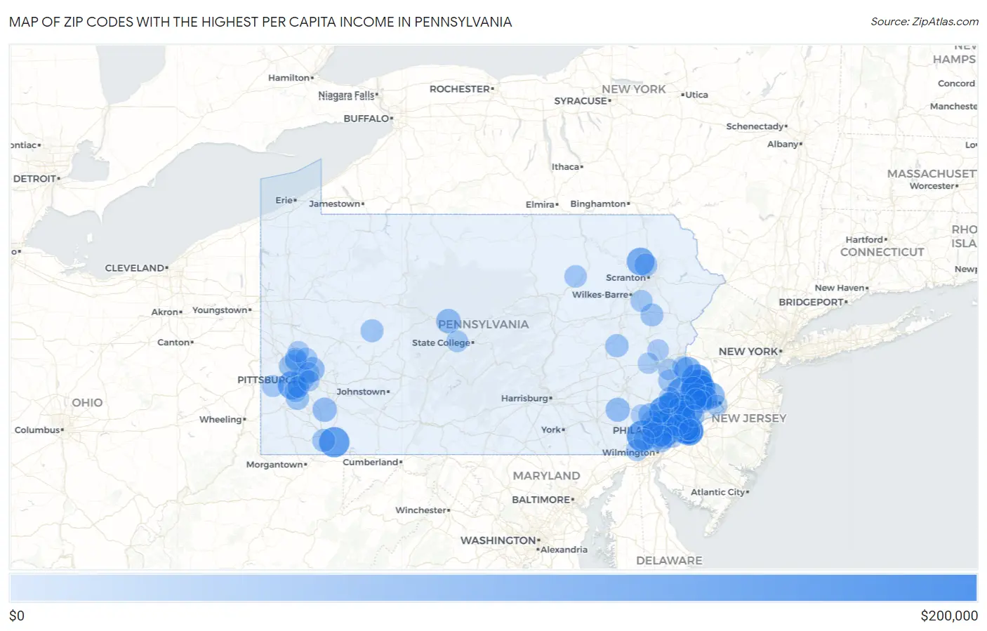 Zip Codes with the Highest Per Capita Income in Pennsylvania Map